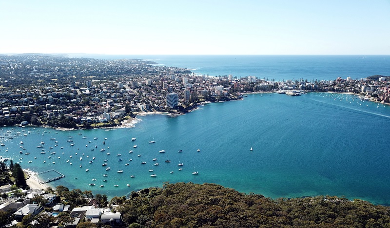 Aerial view of Manly Beach, North Harbour and Tasman sea. View from Tania Park, Dobroyd Head (Sydney, Australia)